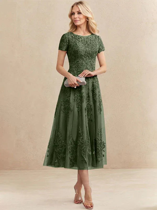 A-line Scoop Tea-Length Tulle Lace Mother of the Bride Dress