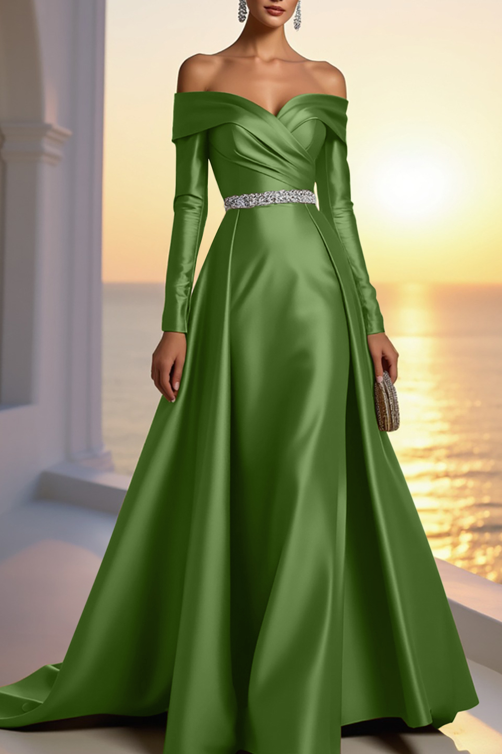 Formal Gold Satin Dress Off The Shoulder Long Sleeve Maxi Gown