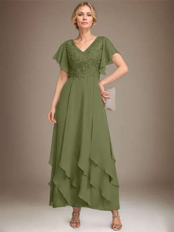 A-line V-Neck Ankle-Length Lace Chiffon Mother of the Bride Dress With Cascading Ruffles
