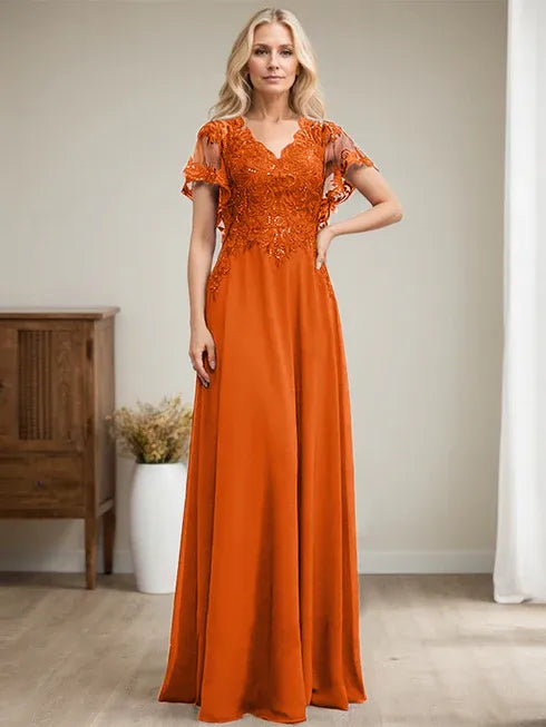 A-line V-Neck Floor-Length Lace Chiffon Mother of the Bride Dress With Sequins