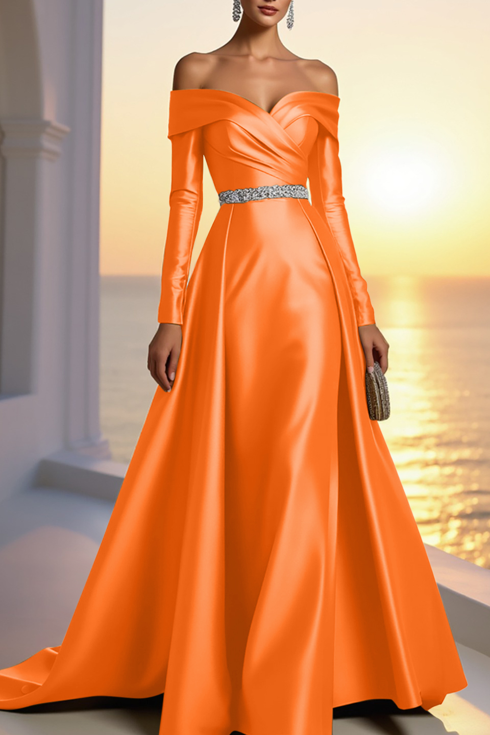 Formal Gold Satin Dress Off The Shoulder Long Sleeve Maxi Gown