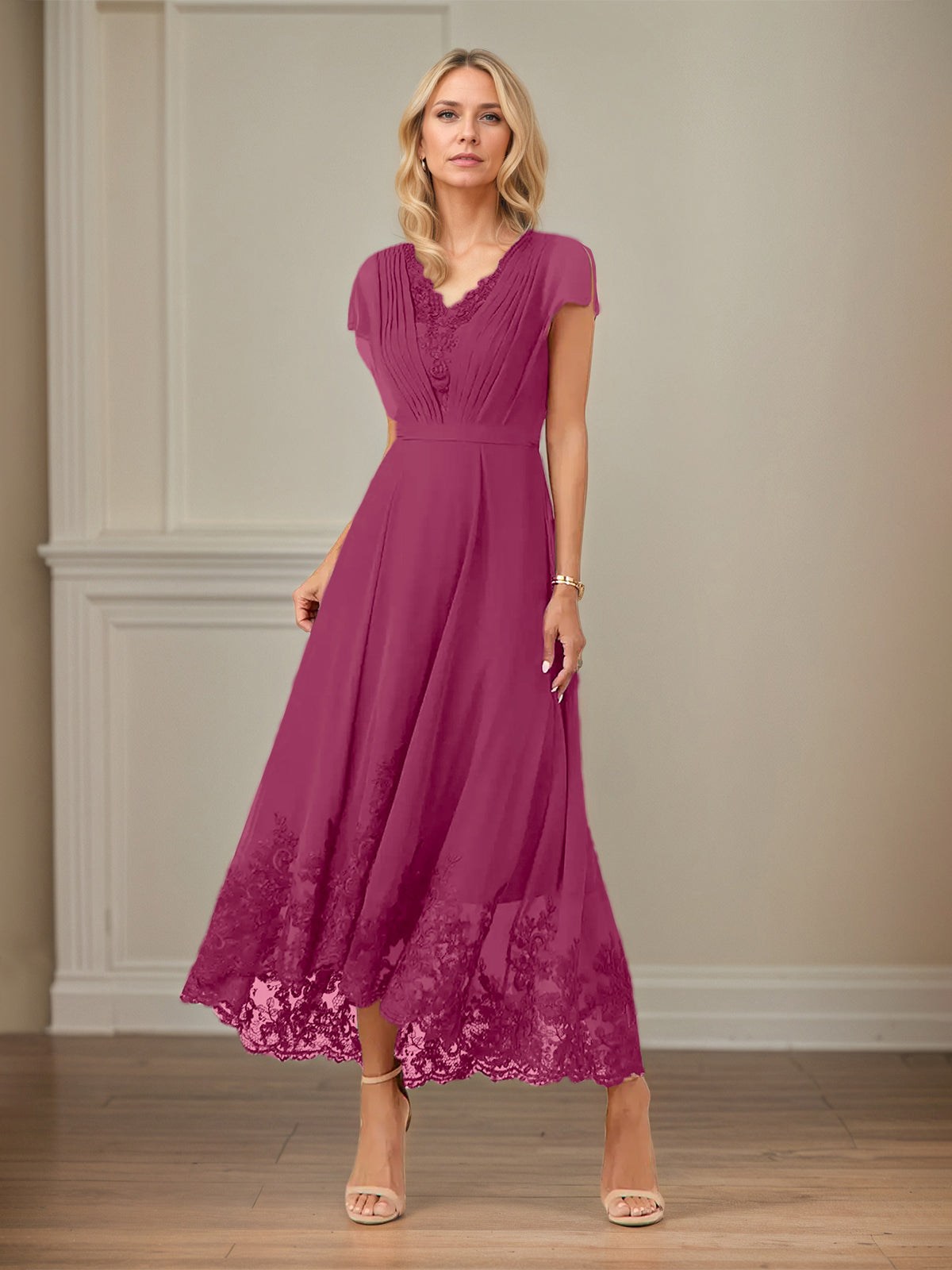 A Line V Neck Flutter Sleeve Ankle Length Chiffon Dress With Appliques