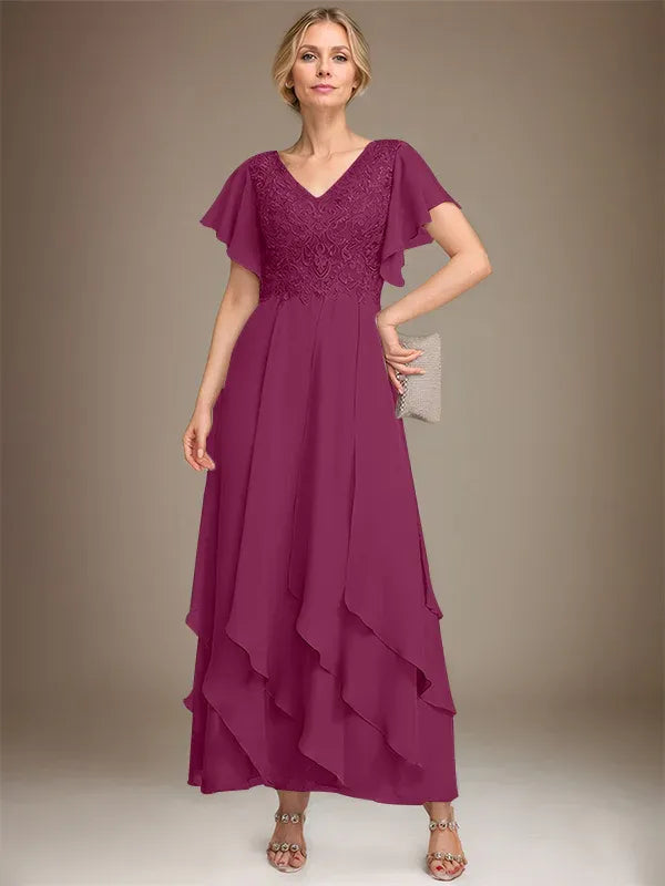 A-line V-Neck Ankle-Length Lace Chiffon Mother of the Bride Dress With Cascading Ruffles