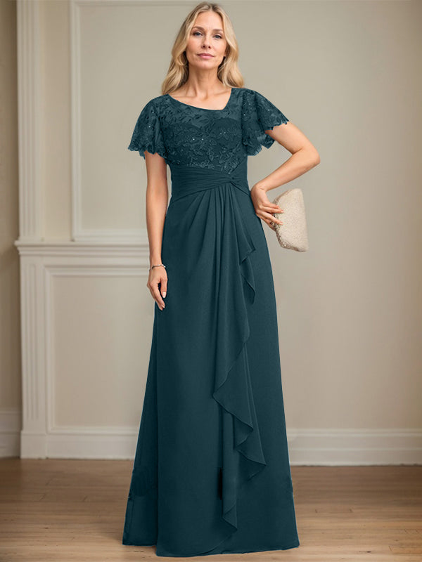 A-line Asymmetrical Illusion Floor-Length Lace Chiffon Mother of the Bride Dress With Cascading Ruffles Sequins