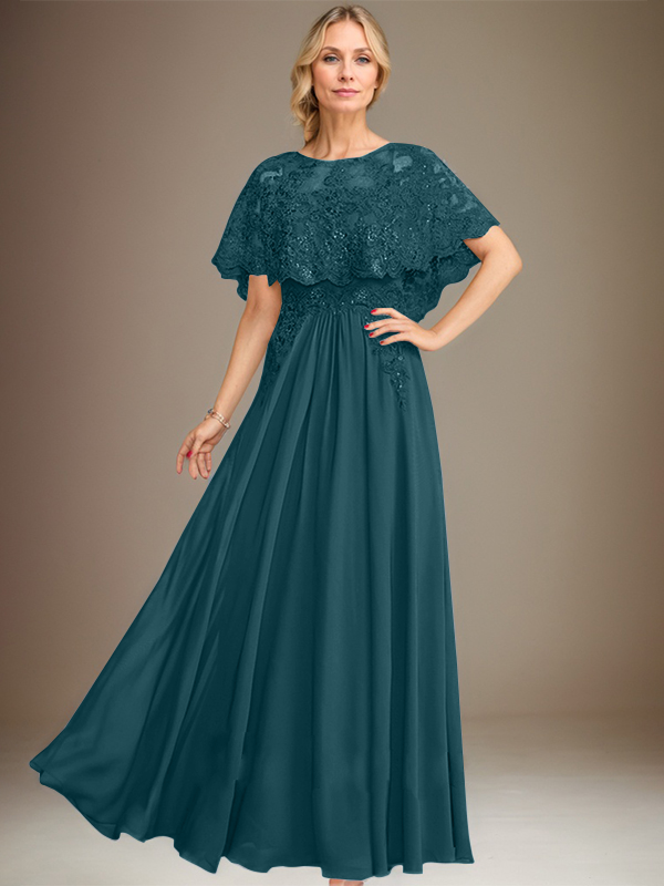 A-line Boat Neck Floor-Length Lace Chiffon Mother of the Bride Dress With Applique Sequins