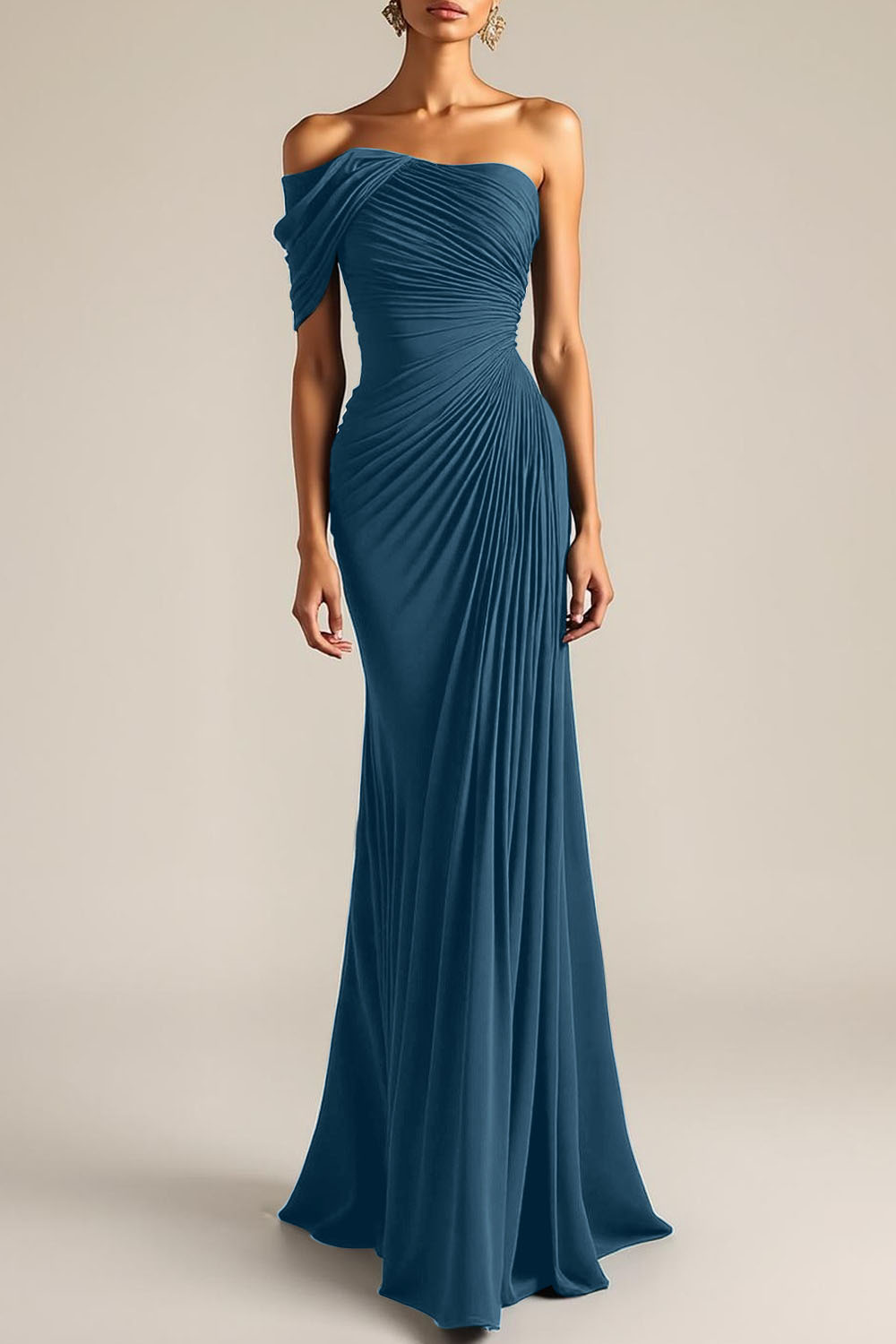 Evening Formal Dress Peacock Blue Sheath One Shoulder Maxi Dress