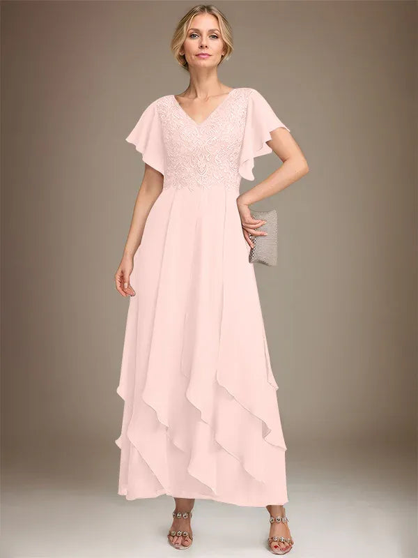 A-line V-Neck Ankle-Length Lace Chiffon Mother of the Bride Dress With Cascading Ruffles