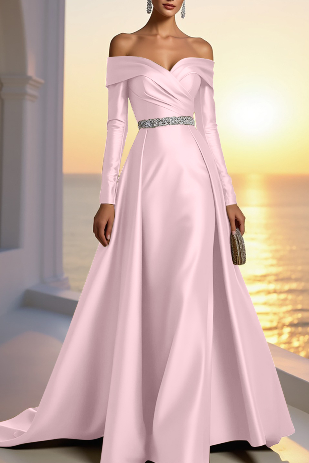 Formal Gold Satin Dress Off The Shoulder Long Sleeve Maxi Gown