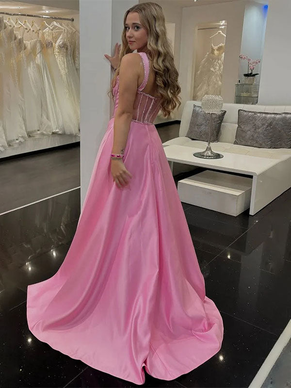 Pink A-Line V-Neck Satin Pleated Long Prom Dress with Slit