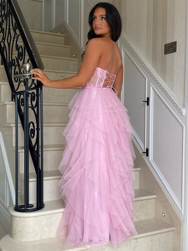 Black A-Line Strapless Tulle Tiered Long Prom Dress with Appliques