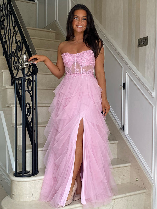 Black A-Line Strapless Tulle Tiered Long Prom Dress with Appliques