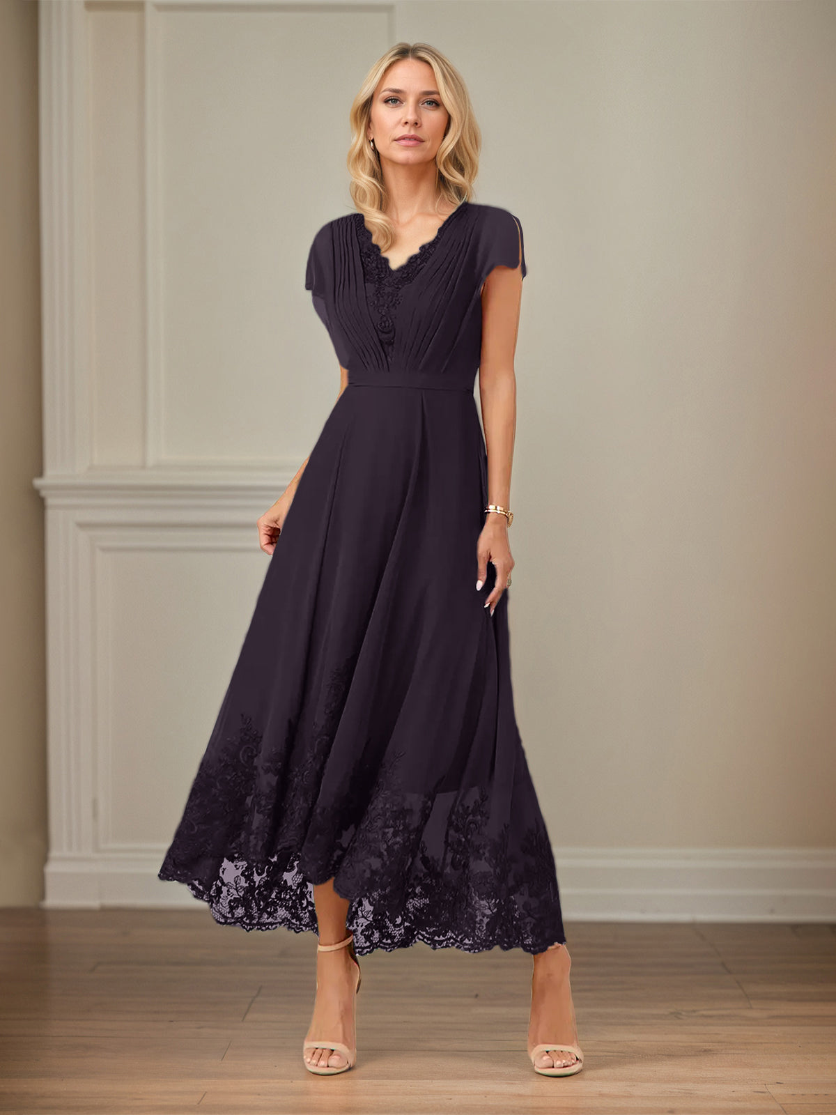 A Line V Neck Flutter Sleeve Ankle Length Chiffon Dress With Appliques