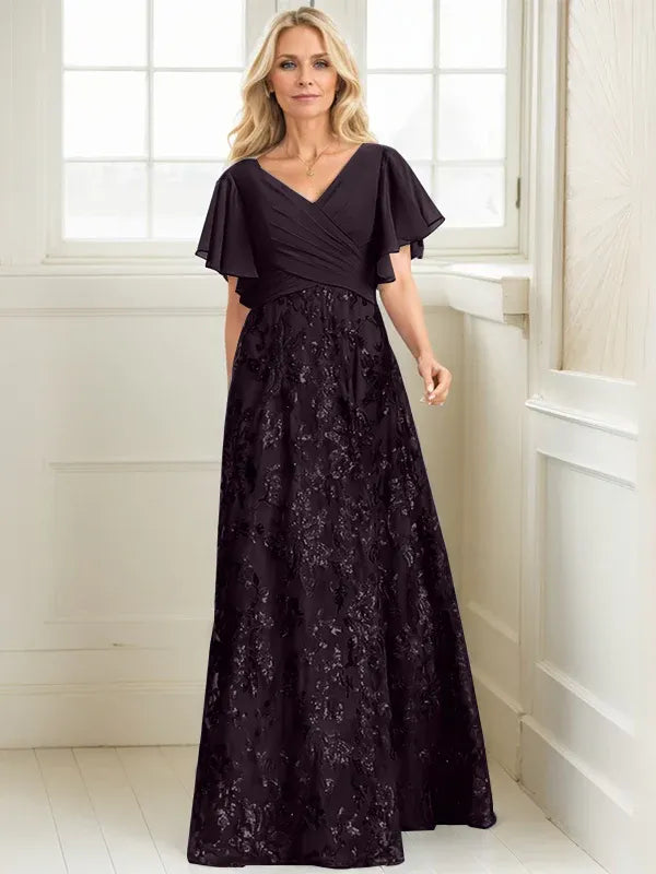 A-line V-Neck Floor-Length Lace Sequin Chiffon Mother of the Bride Dress With Pleated