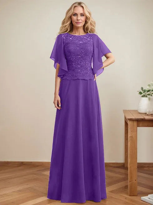 A-line Scoop Illusion Floor-Length Lace Chiffon Mother of the Bride Dress With Sequins