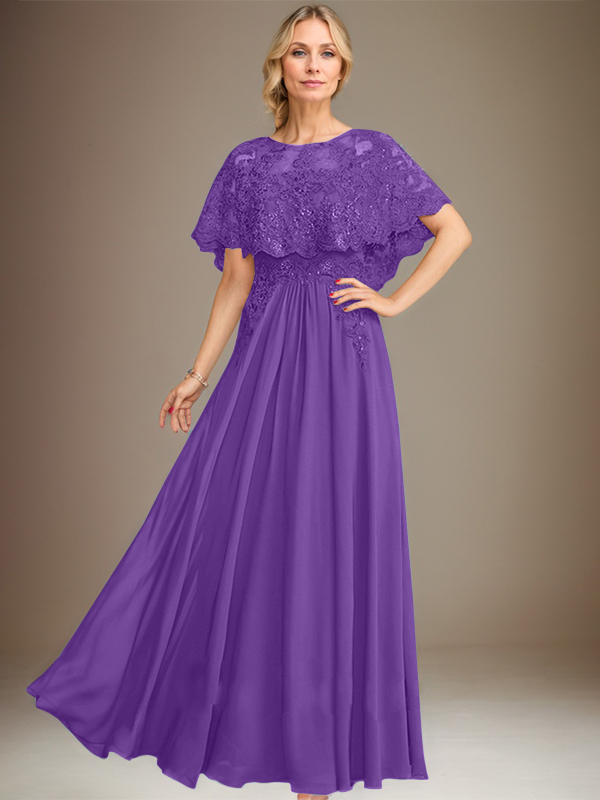 A-line Boat Neck Floor-Length Lace Chiffon Mother of the Bride Dress With Applique Sequins
