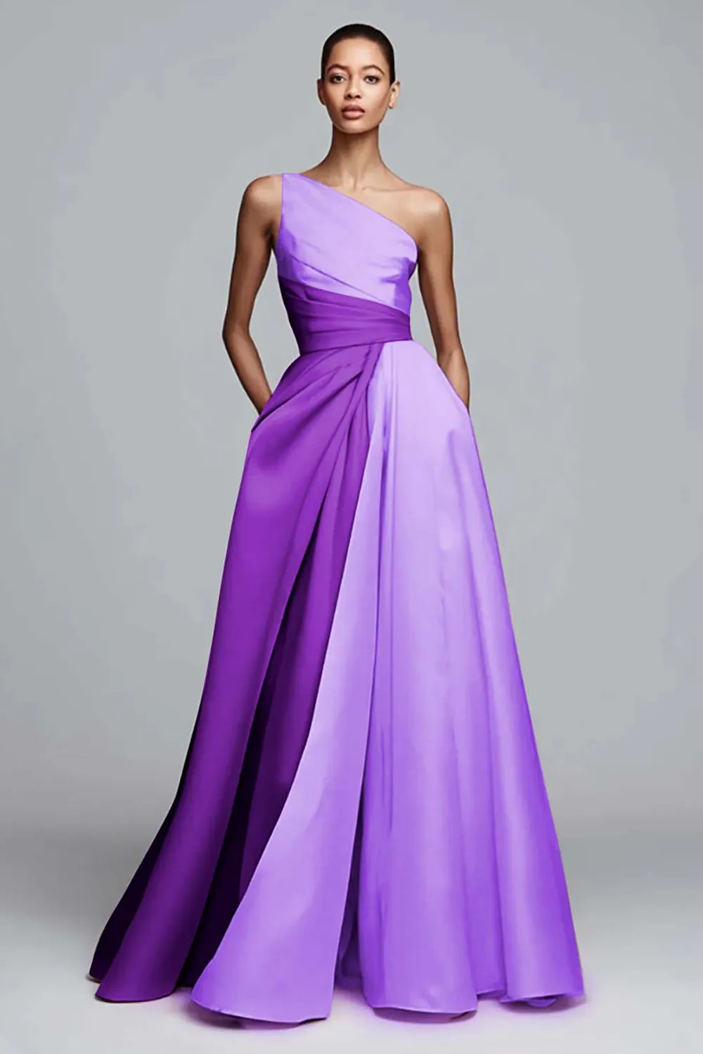 One-Shoulder Two-Tone Pleated A-Line Evening Gown with Pockets
