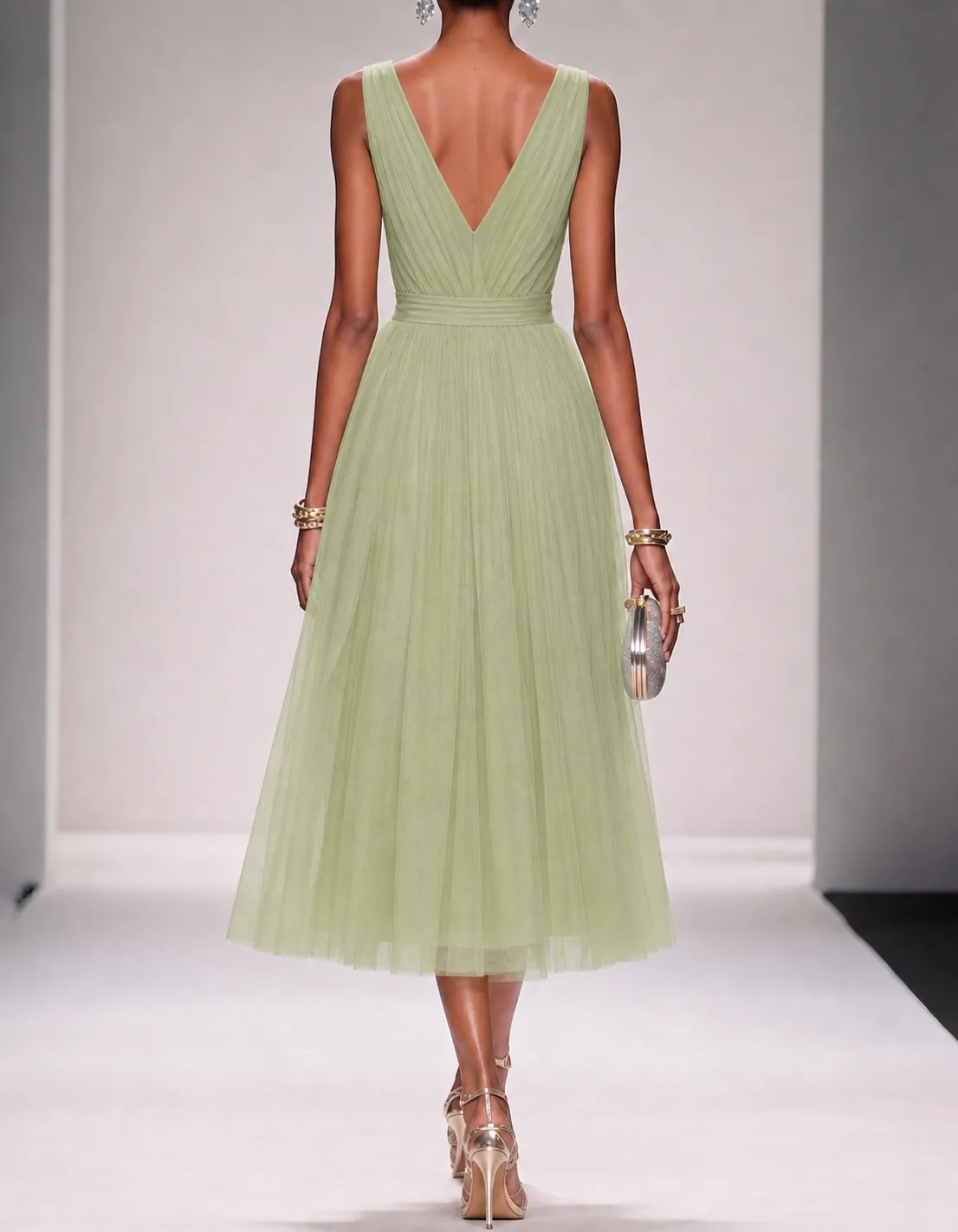 Mesh Chiffon V-Neck Belted A-Line Midi Dress