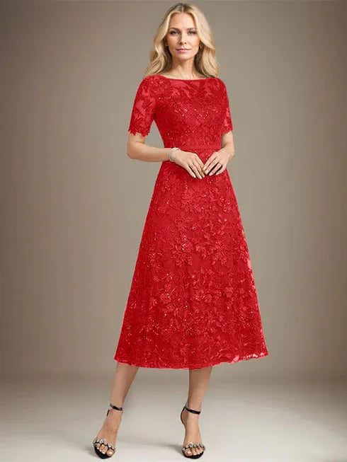 A-line Scoop Illusion Tea-Length Lace Mother of the Bride Dress With Sequins