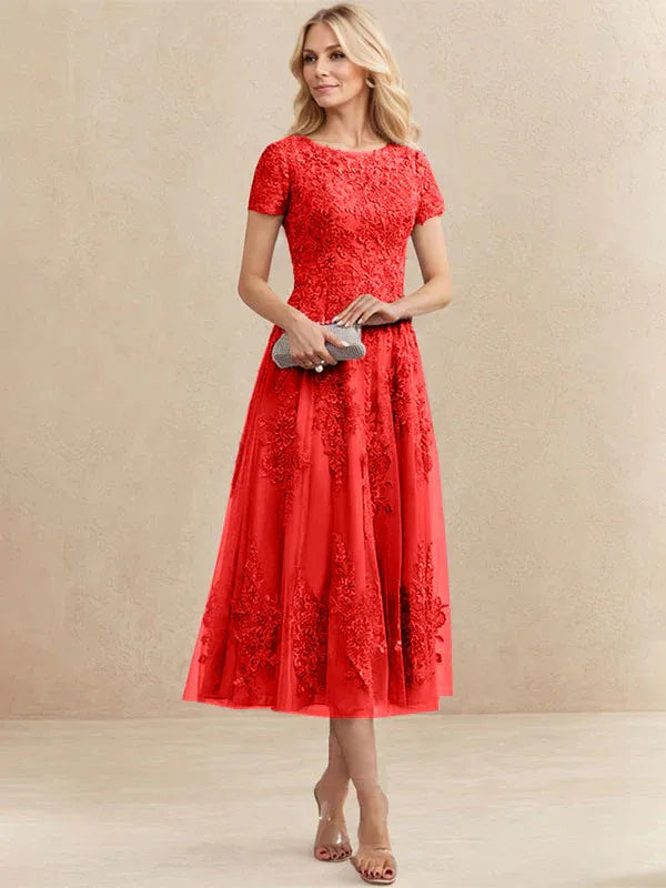 A-line Scoop Tea-Length Tulle Lace Mother of the Bride Dress