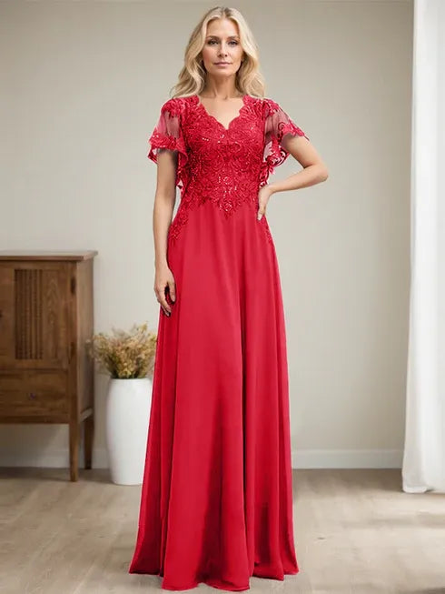 A-line V-Neck Floor-Length Lace Chiffon Mother of the Bride Dress With Sequins
