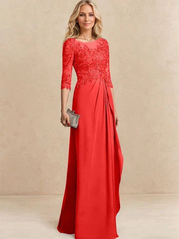A-line Scoop Illusion Floor-Length Chiffon Lace Mother of the Bride Dress With Beading Sequins Cascading Ruffles