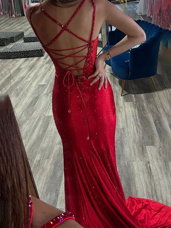 Red Mermaid Rhinestone V-Neck Long Prom Dress with Slit