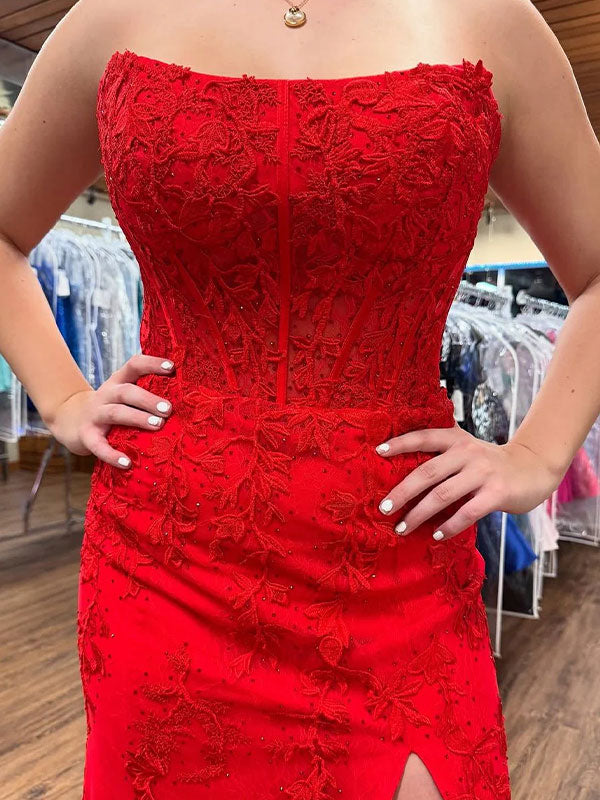 Red Mermaid Strapless Scoop Neck Lace Appliques Prom Dress with Slit