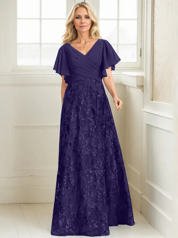 A-line V-Neck Floor-Length Lace Sequin Chiffon Mother of the Bride Dress With Pleated