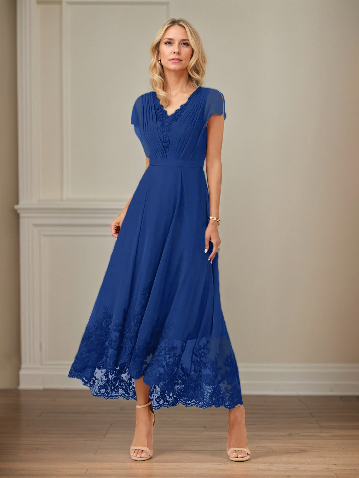 A Line V Neck Flutter Sleeve Ankle Length Chiffon Dress With Appliques