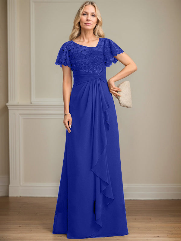 A-line Asymmetrical Illusion Floor-Length Lace Chiffon Mother of the Bride Dress With Cascading Ruffles Sequins
