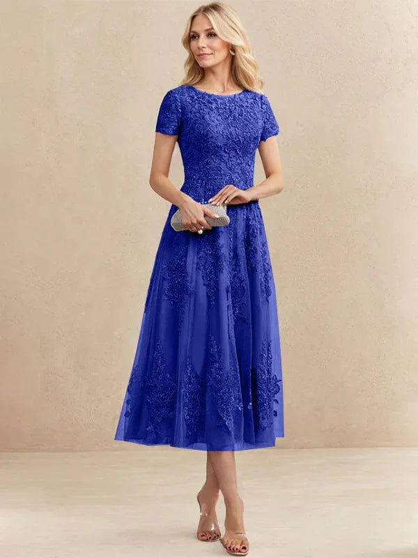 A-line Scoop Tea-Length Tulle Lace Mother of the Bride Dress