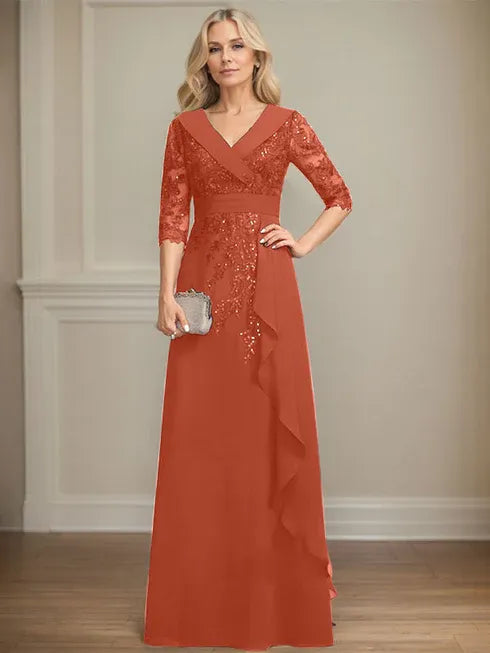 A-line Collared V-Neck Floor-Length Lace Chiffon Mother of the Bride Dress With Sequins Cascading Ruffles