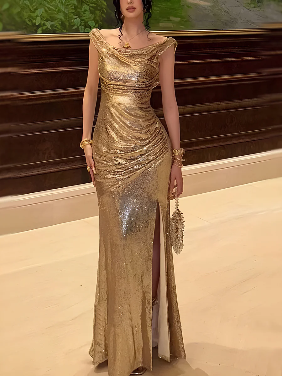 Sequin Off Shoulder Prom Dresses Bodycon Sparkly High Slit Evening Gowns