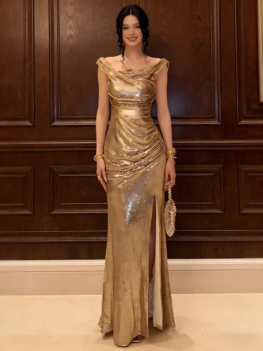 Sequin Off Shoulder Prom Dresses Bodycon Sparkly High Slit Evening Gowns