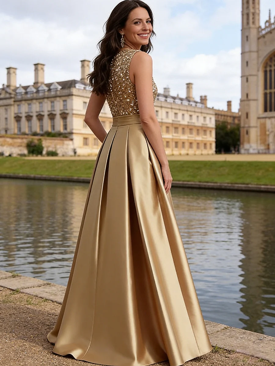 A-Line/Princess Scoop Neck Pleated Satin Evening Dresses with Sequins