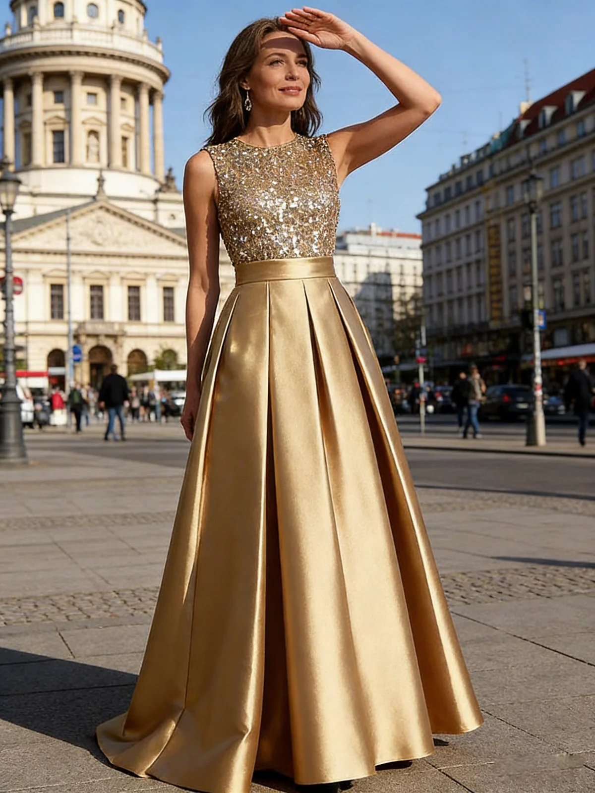 A-Line/Princess Scoop Neck Pleated Satin Evening Dresses with Sequins