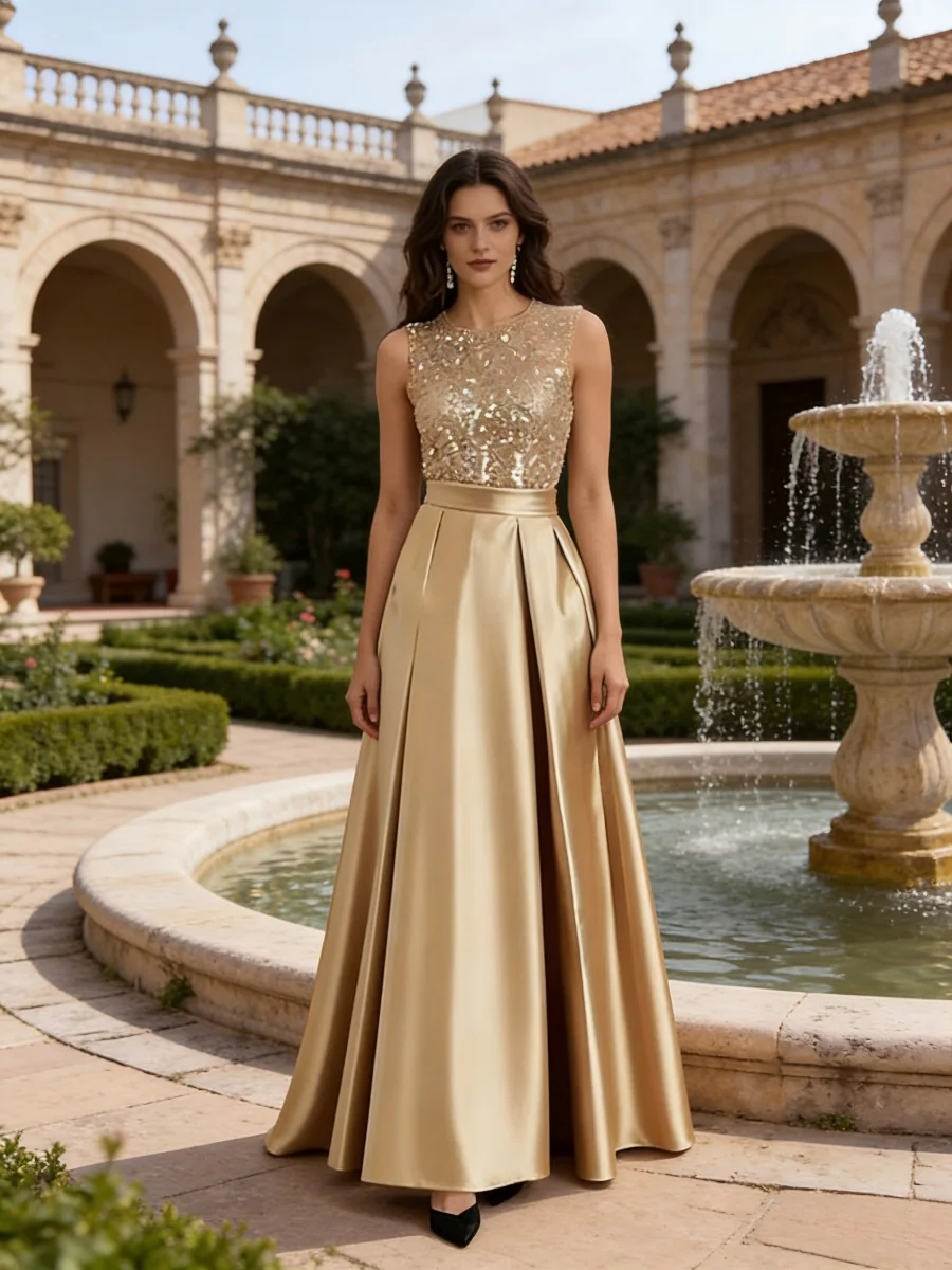 A-Line/Princess Scoop Neck Pleated Satin Evening Dresses with Sequins