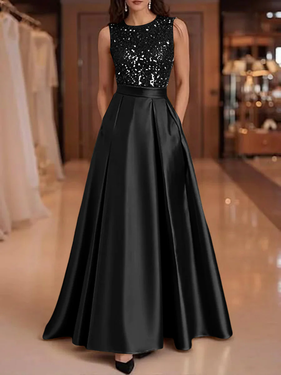 A-Line/Princess Scoop Neck Pleated Satin Evening Dresses with Sequins