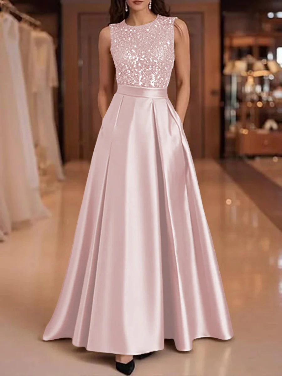 A-Line/Princess Scoop Neck Pleated Satin Evening Dresses with Sequins