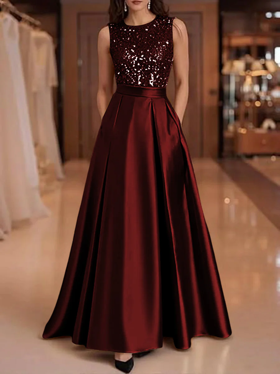 A-Line/Princess Scoop Neck Pleated Satin Evening Dresses with Sequins