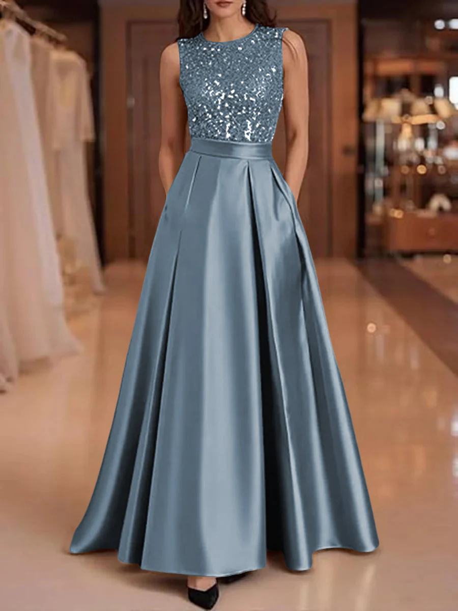 A-Line/Princess Scoop Neck Pleated Satin Evening Dresses with Sequins