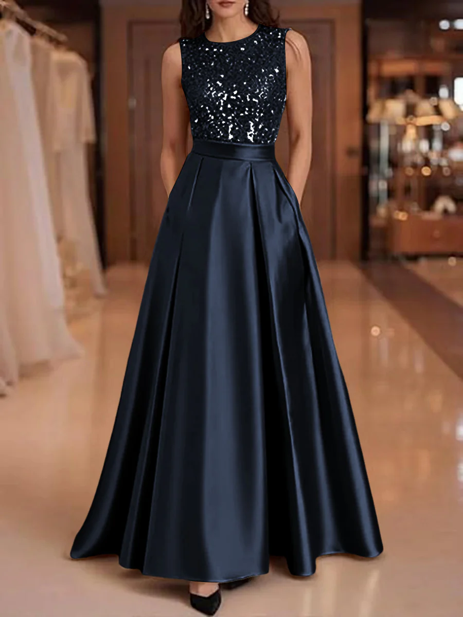 A-Line/Princess Scoop Neck Pleated Satin Evening Dresses with Sequins