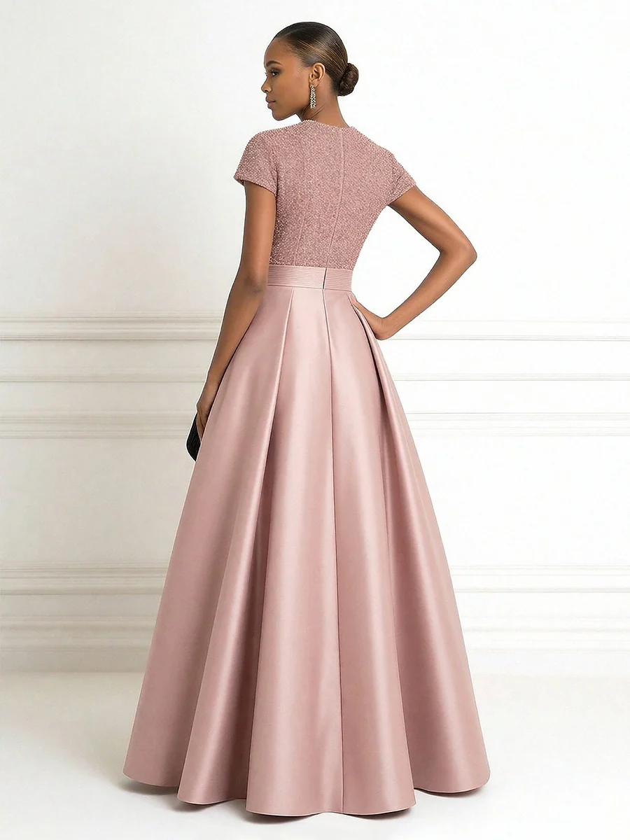 A Line V Neck Short Sleeve Sequined Elegant Mother of the Bride Dresses with Pleats