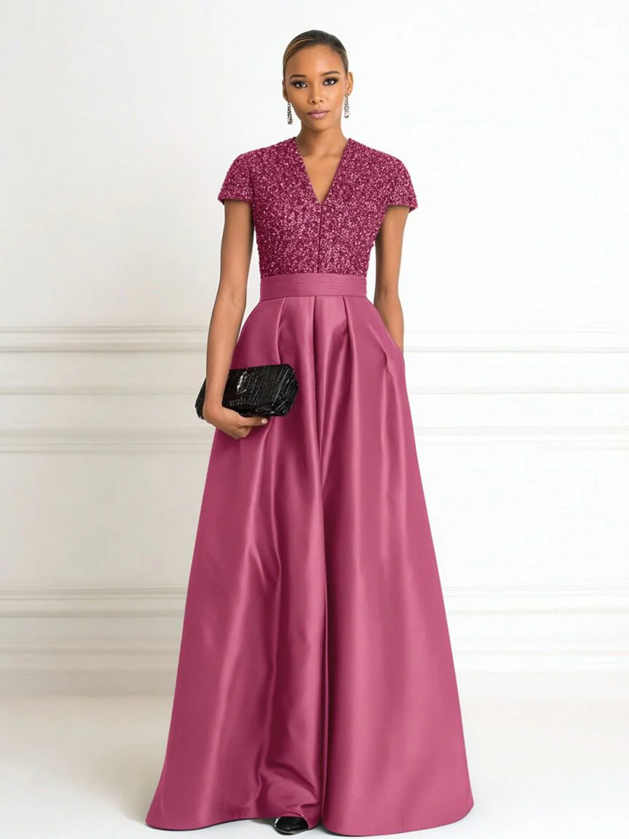 A Line V Neck Short Sleeve Sequined Elegant Mother of the Bride Dresses with Pleats
