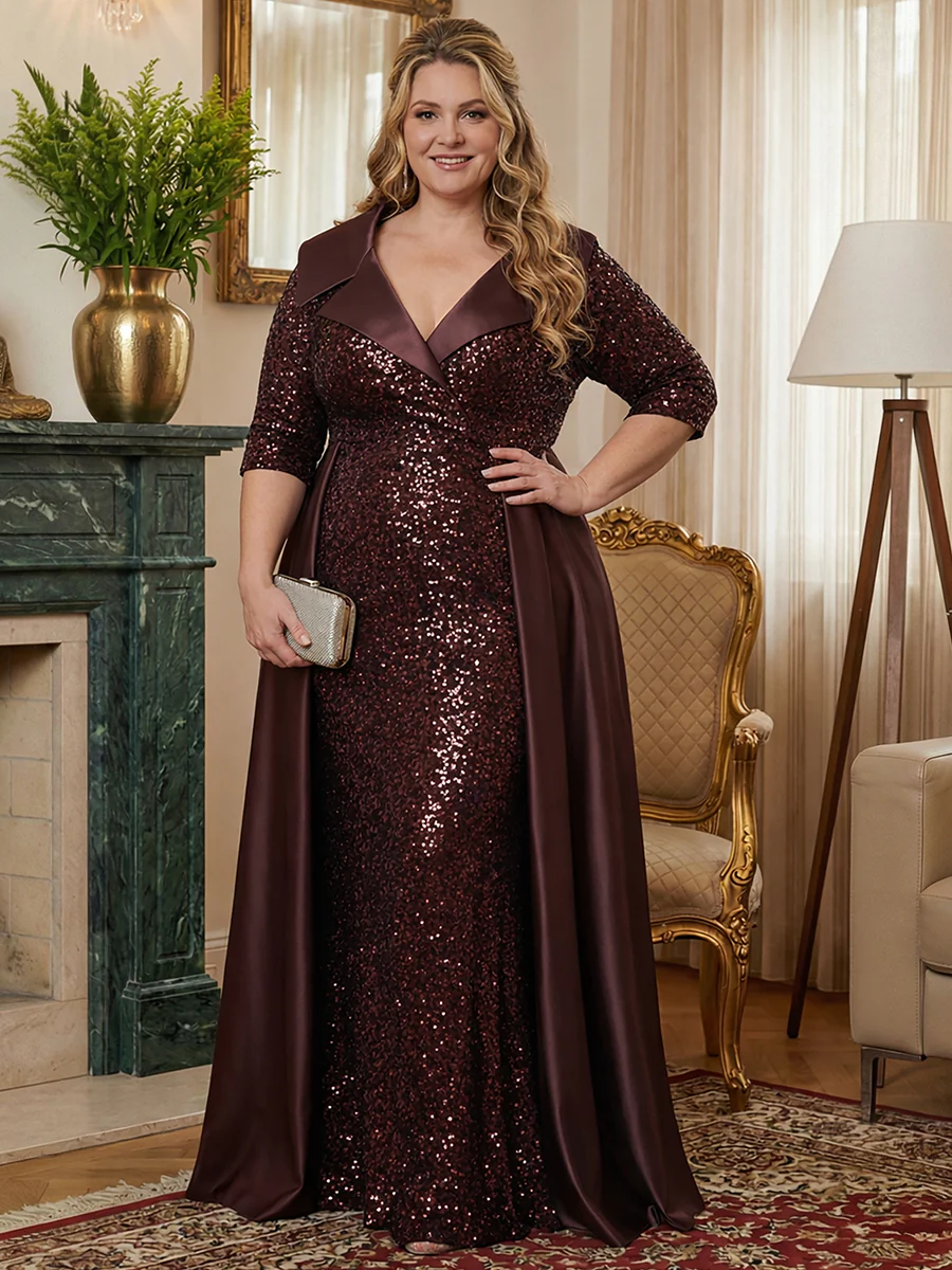 Sheath V Neck 3/4 Sleeve Floor Length Elegant Evening Dresses Women Formal Gowns