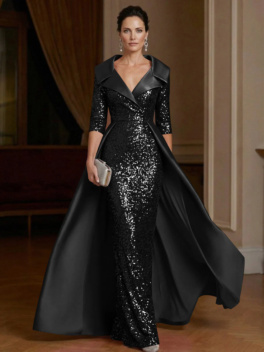 Sheath V Neck 3/4 Sleeve Floor Length Elegant Evening Dresses Women Formal Gowns