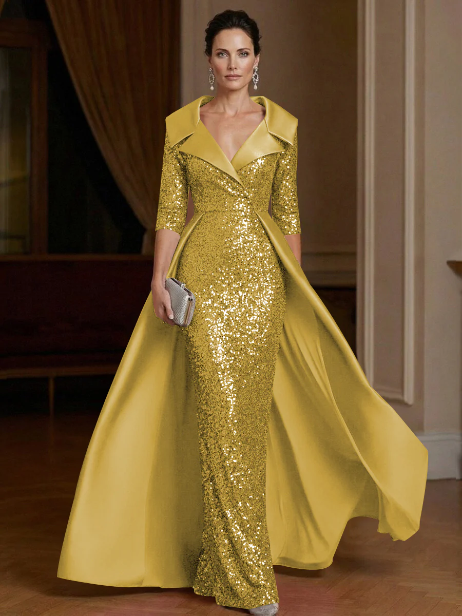 Sheath V Neck 3/4 Sleeve Floor Length Elegant Evening Dresses Women Formal Gowns