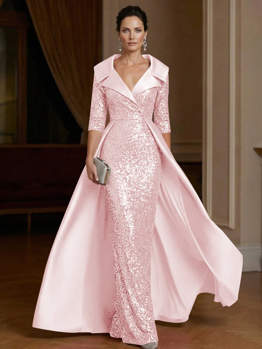 Sheath V Neck 3/4 Sleeve Floor Length Elegant Evening Dresses Women Formal Gowns