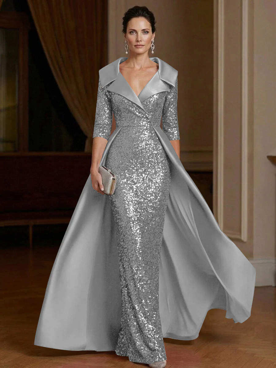 Sheath V Neck 3/4 Sleeve Floor Length Elegant Evening Dresses Women Formal Gowns
