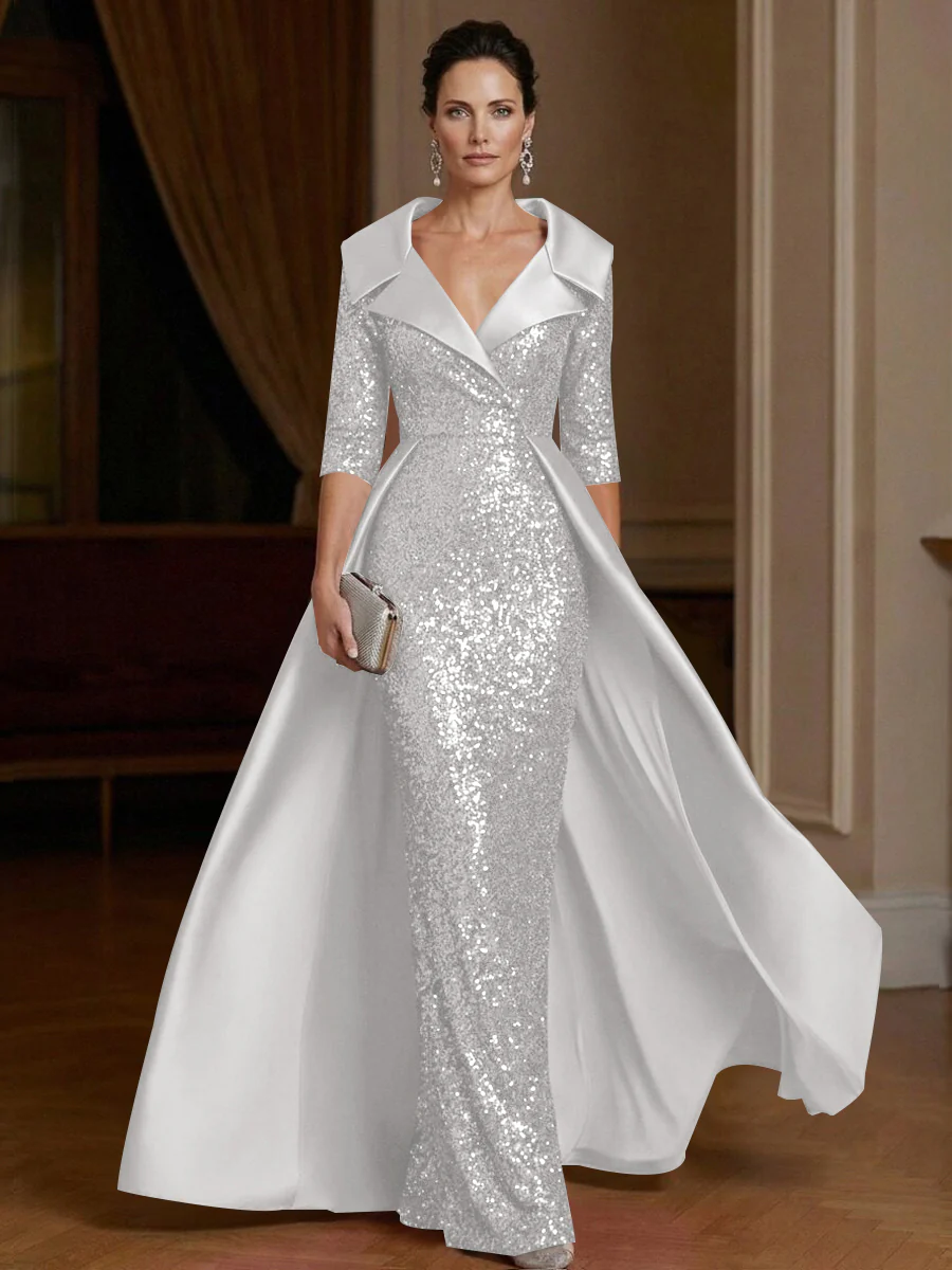 Sheath V Neck 3/4 Sleeve Floor Length Elegant Evening Dresses Women Formal Gowns